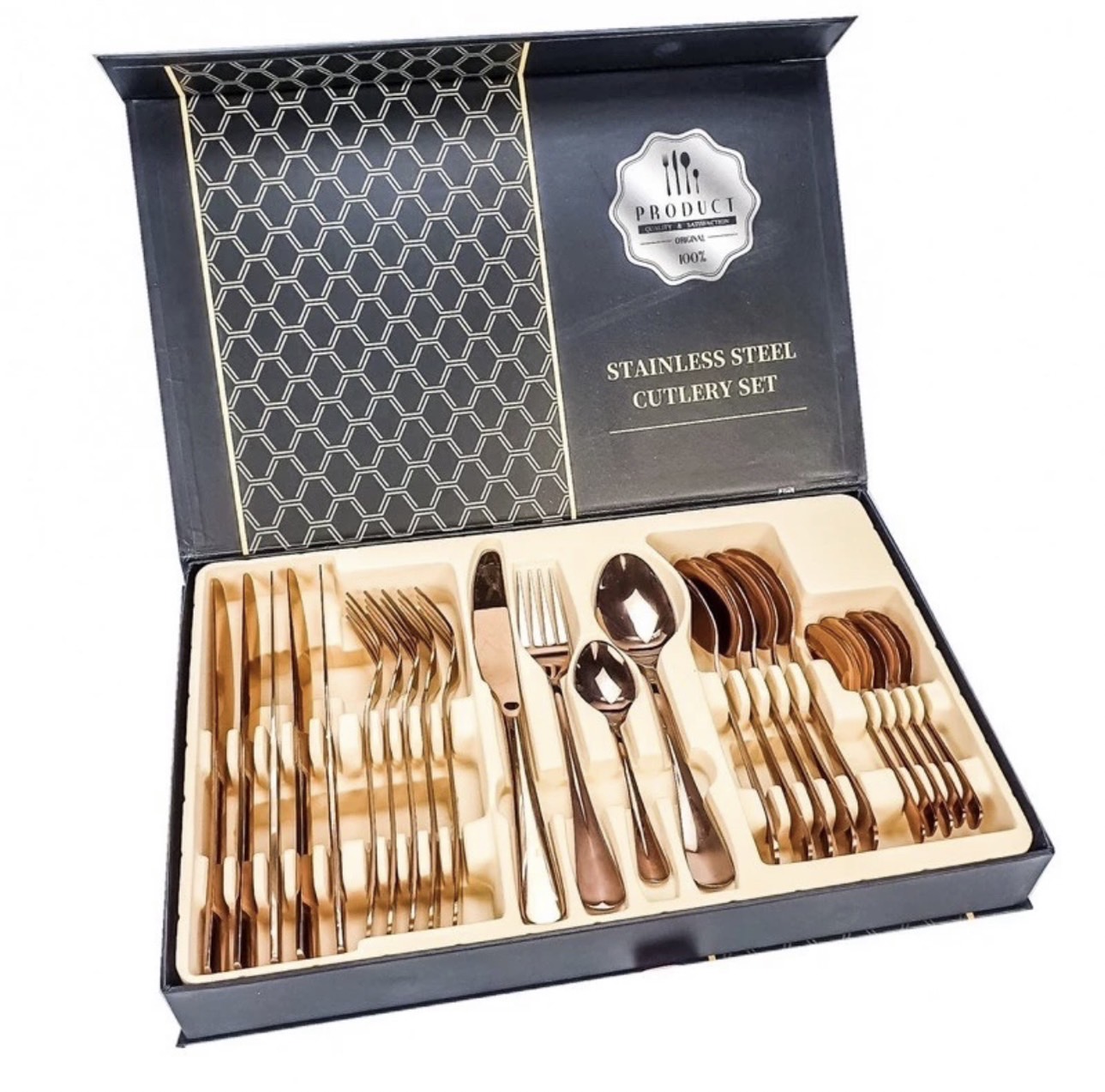 Genuine stainless steel spoon set with box.